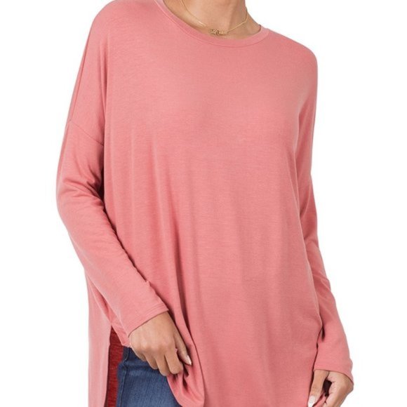 Zenana Outfitters Tops - DAVINA LONG SLEEVE TEE - DUSTY ROSE